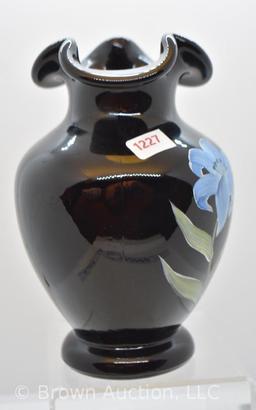 Black Fenton 6.5"h vase w/handpainted blue floral design