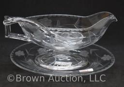 Mrkd. Heisey etched glass condiment bowl with underplate and ladle
