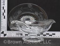 Mrkd. Heisey etched glass condiment bowl with underplate and ladle