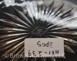 Mrkd. Heisey etched glass condiment bowl with underplate and ladle