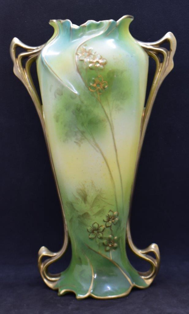 Mrkd. Royal Vienna Germany Art Nouveau 9" vase, Mill scene