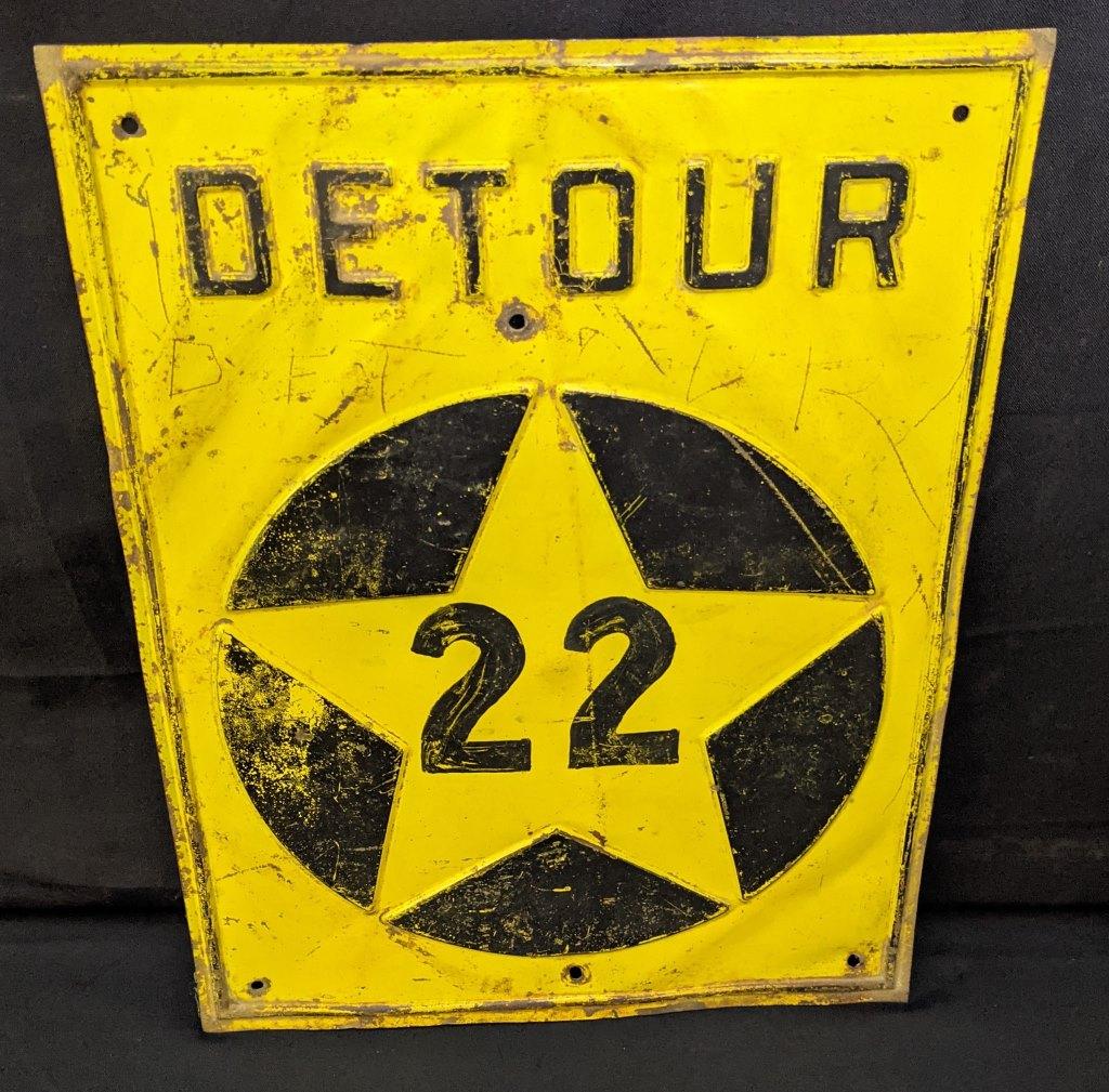 EMBOSSED TIN SIGN MINNESOTA HWY 22 DETOUR