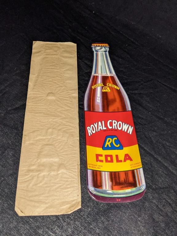 NOS EMBOSSED TIN DIE CUT BOTTLE SIGN RC COLA