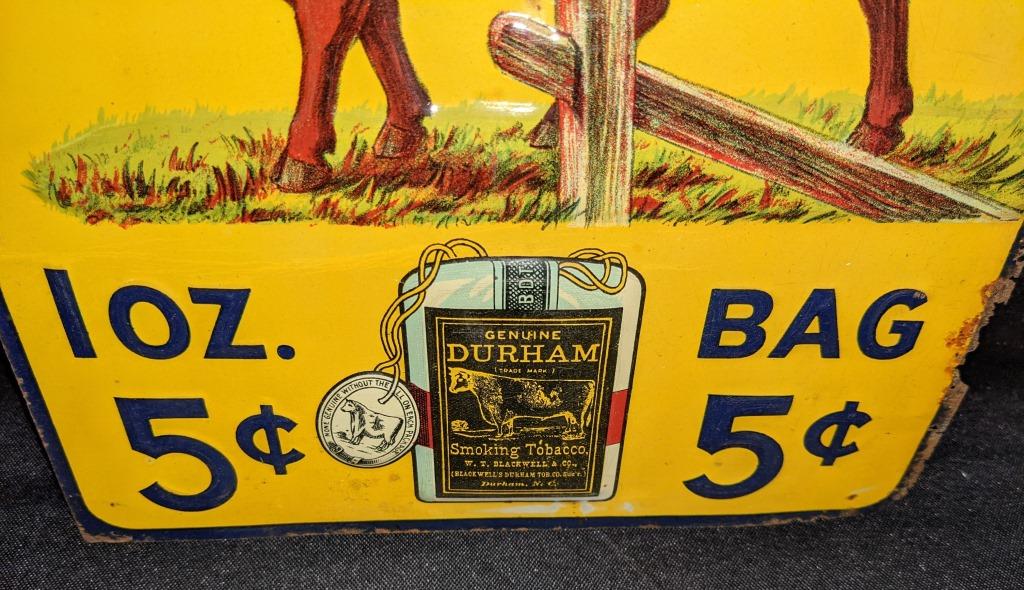 EMBOSSED TIN SIGN BULL DURHAM SMOKING TOBACCO