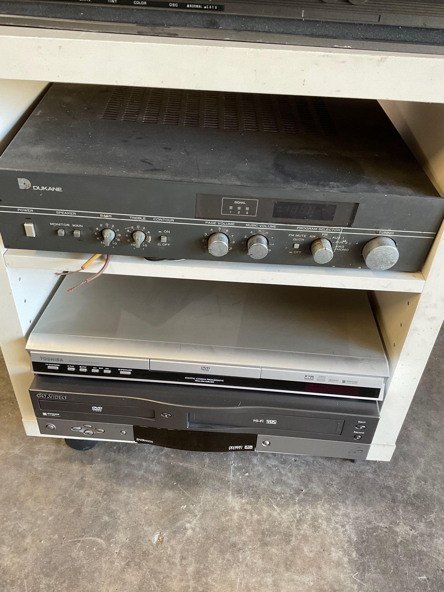 Assorted electronics and IKEA two shelf rolling cabinet . 5 pieces