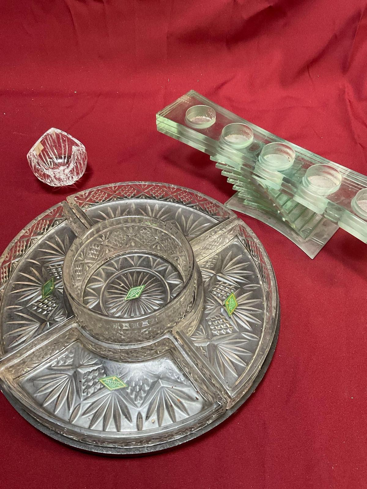 Shannon Crystal 5 section lazy Susan serve ware, Mikasa bowl, Partylite green glass candle holder