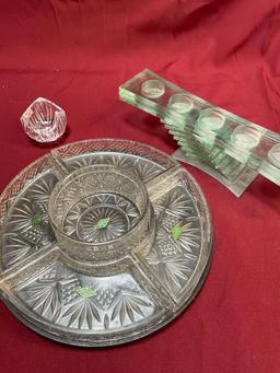 Shannon Crystal 5 section lazy Susan serve ware, Mikasa bowl, Partylite green glass candle holder