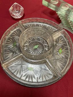 Shannon Crystal 5 section lazy Susan serve ware, Mikasa bowl, Partylite green glass candle holder