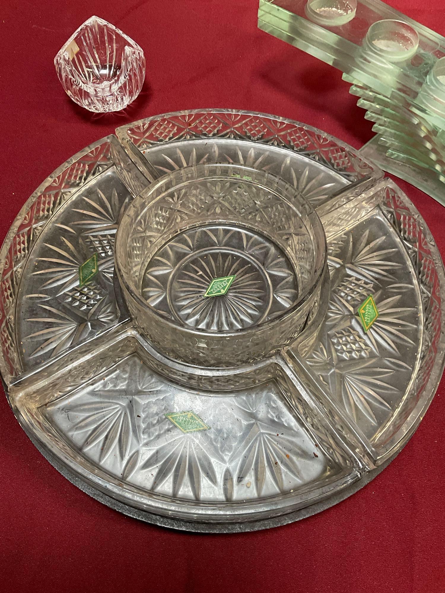 Shannon Crystal 5 section lazy Susan serve ware, Mikasa bowl, Partylite green glass candle holder