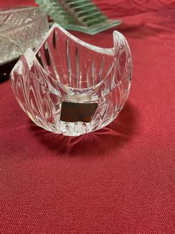 Shannon Crystal 5 section lazy Susan serve ware, Mikasa bowl, Partylite green glass candle holder