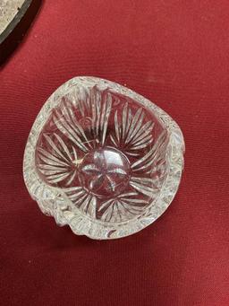 Shannon Crystal 5 section lazy Susan serve ware, Mikasa bowl, Partylite green glass candle holder