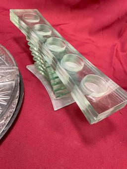 Shannon Crystal 5 section lazy Susan serve ware, Mikasa bowl, Partylite green glass candle holder