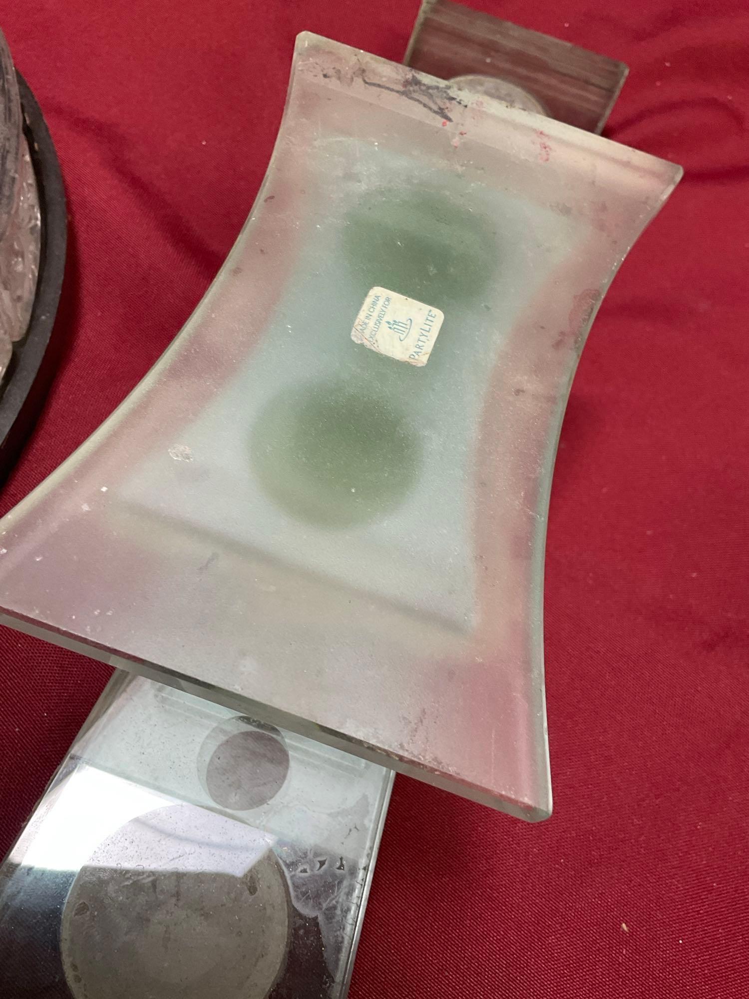 Shannon Crystal 5 section lazy Susan serve ware, Mikasa bowl, Partylite green glass candle holder