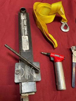 Tools, CP Sway control, Robson lighter, HDX tubing cutters, strap with hook, etc. 7 pieces