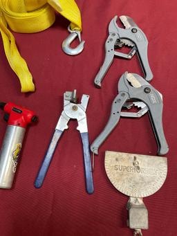 Tools, CP Sway control, Robson lighter, HDX tubing cutters, strap with hook, etc. 7 pieces