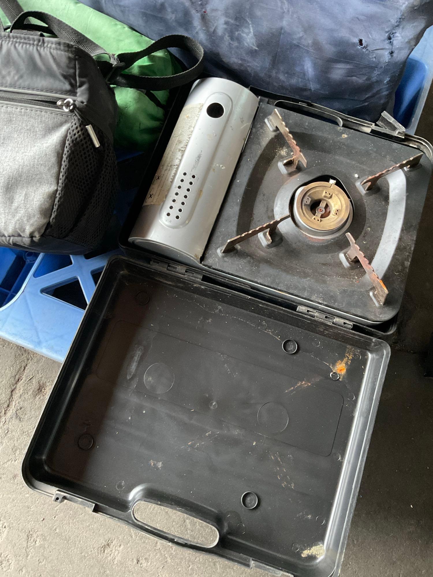 Camping items. Oven, stove, igloo container, chairs, etc. 8 pieces