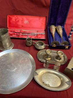 Carvel Hall set, Champagne set, plates, beer mug, etc, Fredrix pliers, Pewter/ metal items. 14