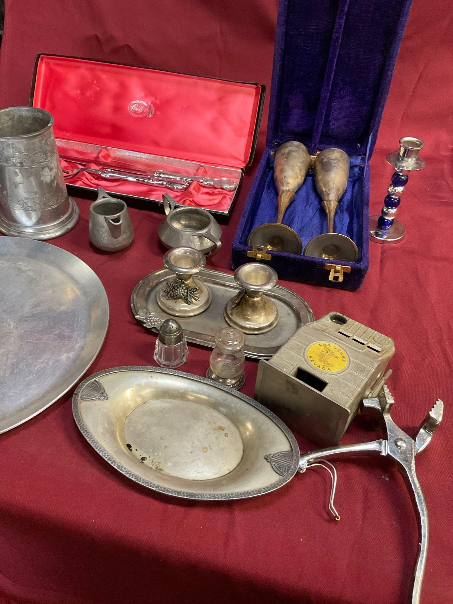 Carvel Hall set, Champagne set, plates, beer mug, etc, Fredrix pliers, Pewter/ metal items. 14