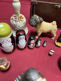 Box, assorted figurines, nesting dolls, etc. 12 pieces