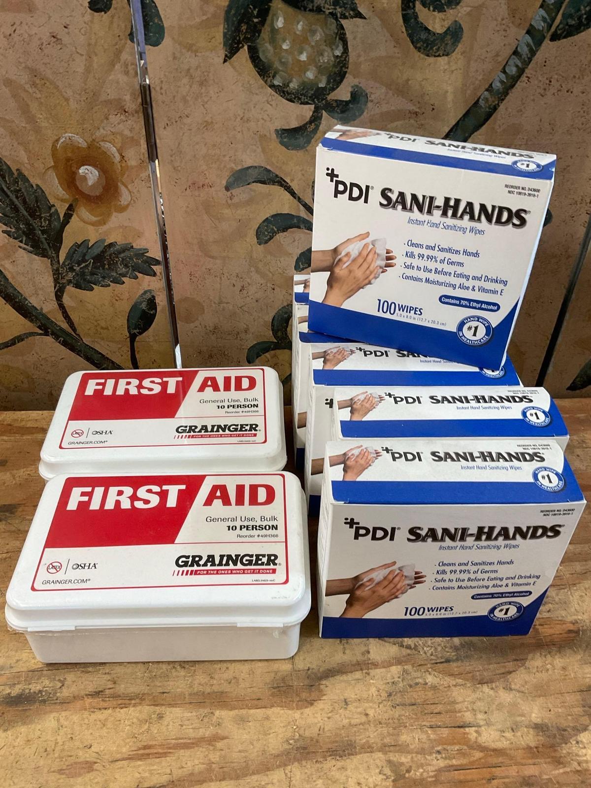 2) 10 person First Aid kits 6) PDI Sani-Hands sanitizing wipes, 100 wipes per box