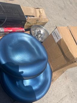 Large lot. 2 Deflated balance balls, paper, plastic V visors, Sony control center STR-K750P,etc