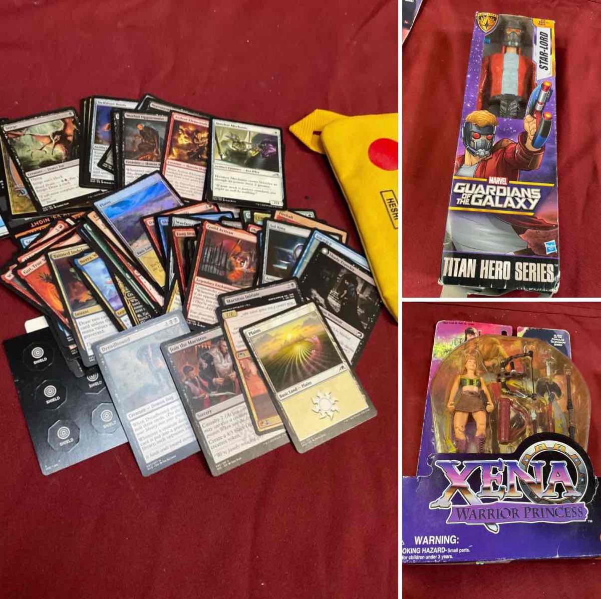 Magic The Gathering Deck Master cards 78 pieces, Heshi bag, Xena & Star Lord dolls