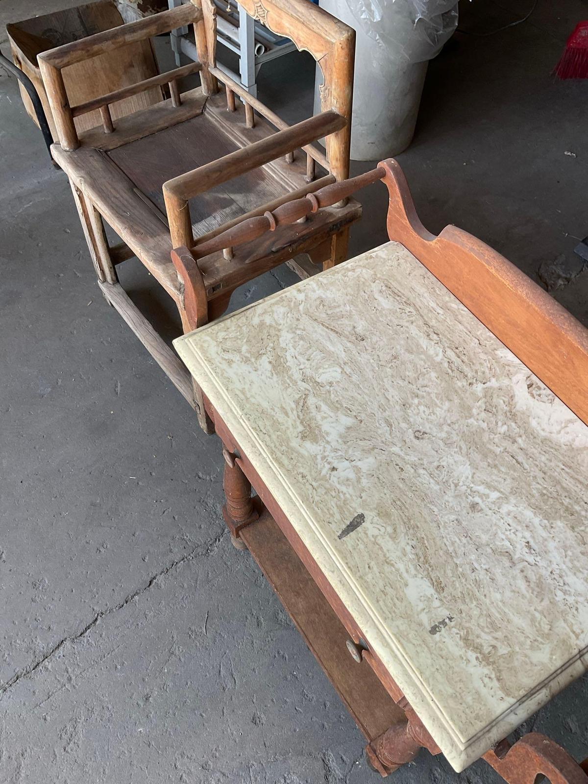 Vintage one drawer cabinet with marble top( stamped young republic in drawe) & chair