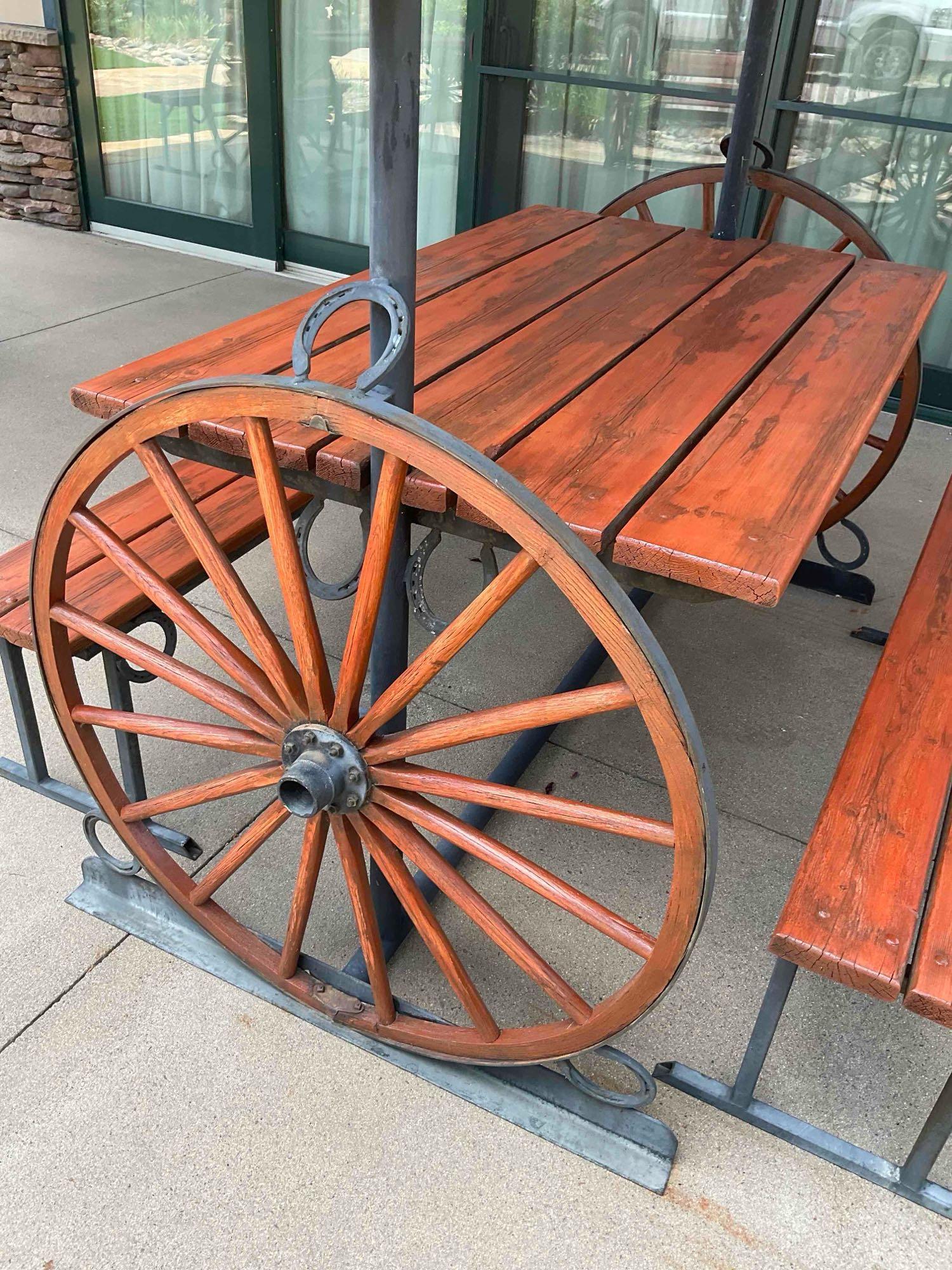 Iron/ wood Western Wagon wheel picnic table with two benches