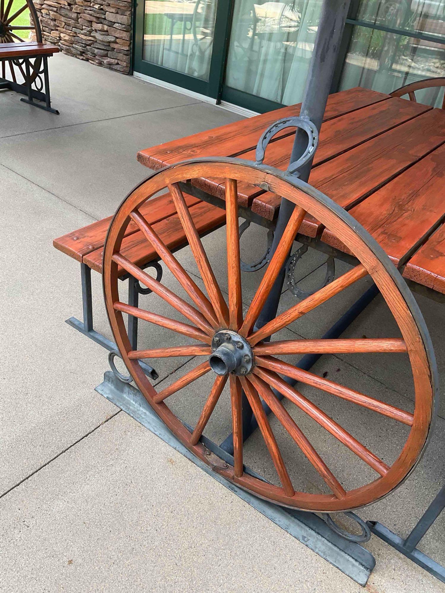 Iron/ wood Western Wagon wheel picnic table with two benches