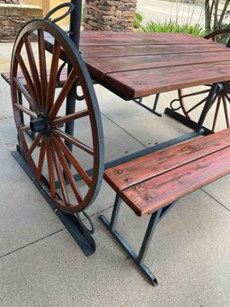Iron/ wood Western Wagon wheel picnic table with two benches