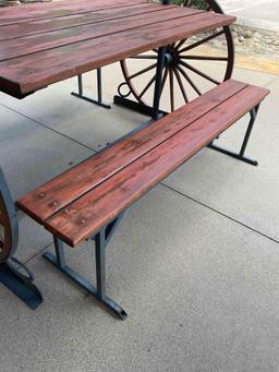Iron/ wood Western Wagon wheel picnic table with two benches