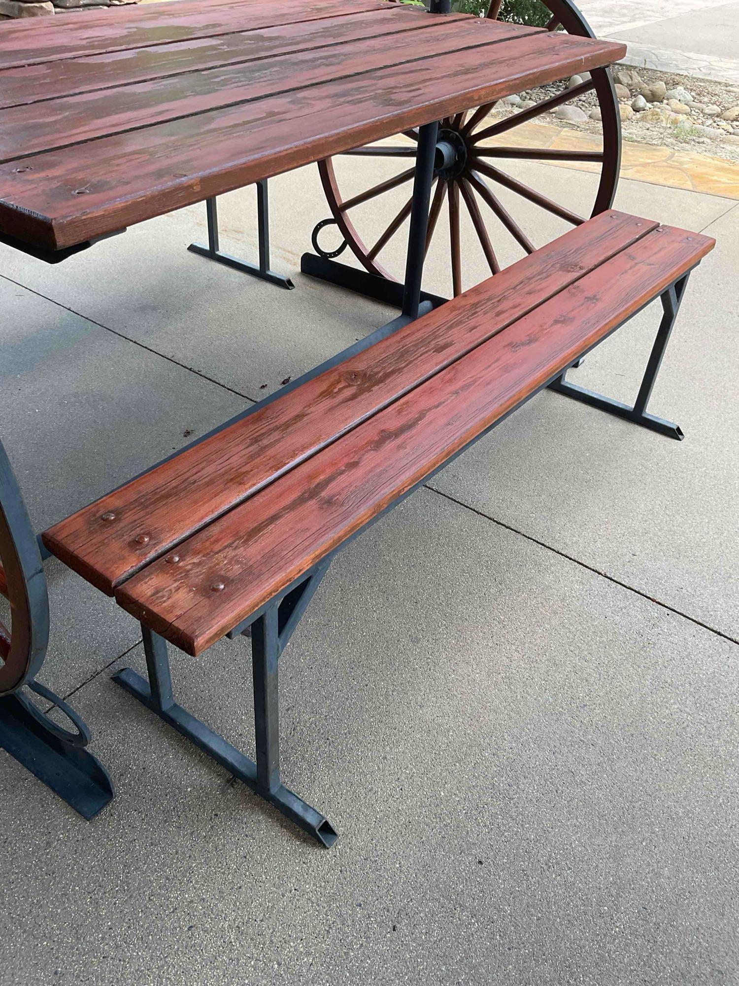 Iron/ wood Western Wagon wheel picnic table with two benches