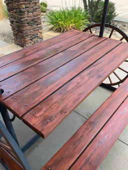 Iron/ wood Western Wagon wheel picnic table with two benches