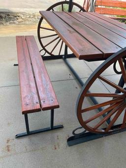 Iron/ wood Western Wagon wheel picnic table with two benches