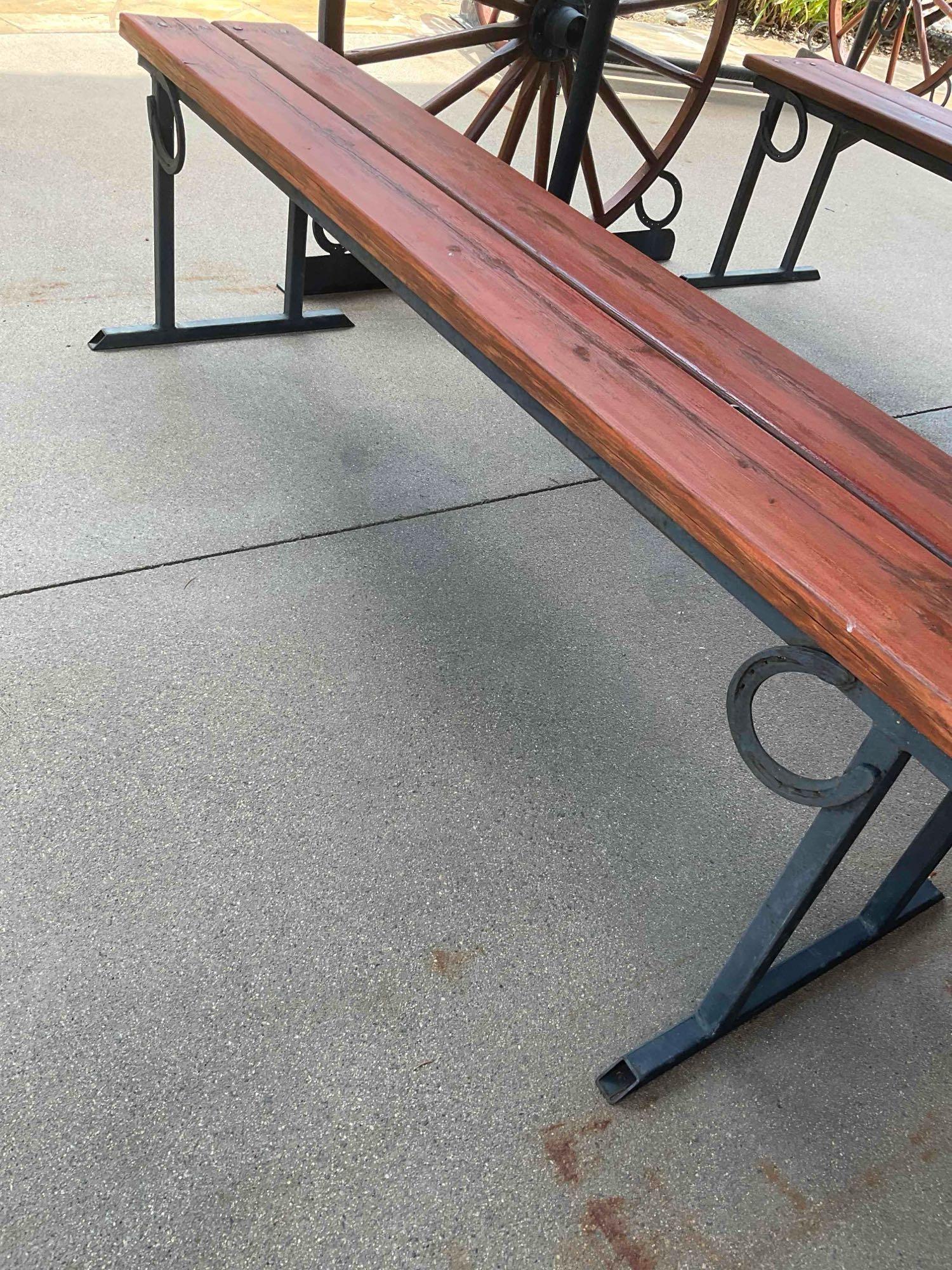 Iron/ wood Western Wagon wheel picnic table with two benches