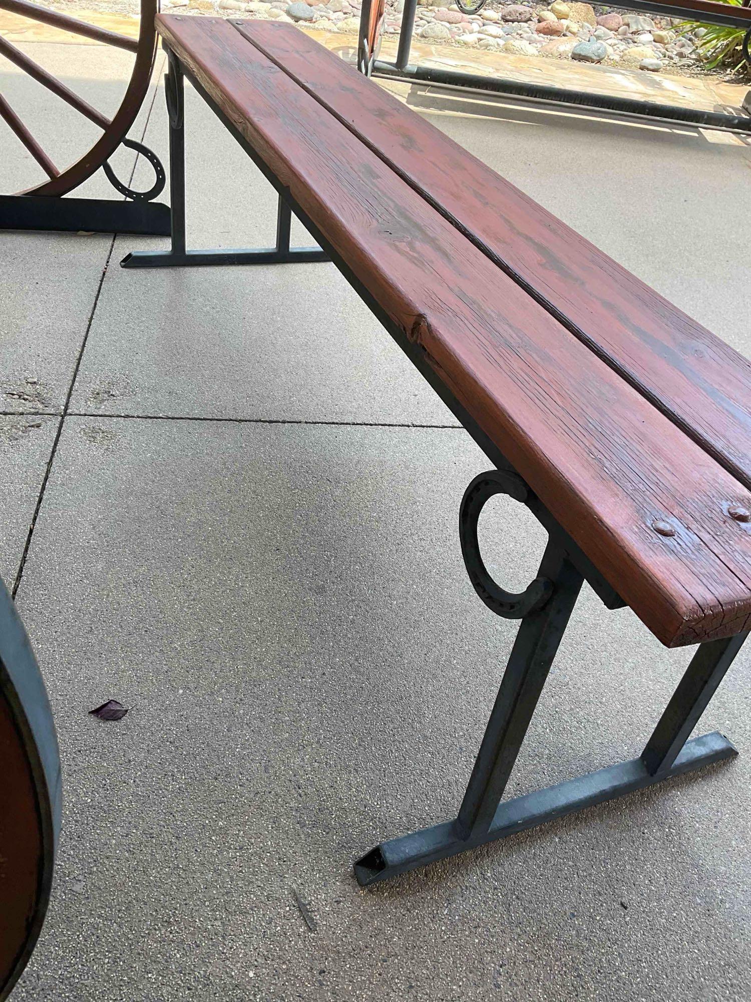 Iron/ wood Western Wagon wheel picnic table with two benches