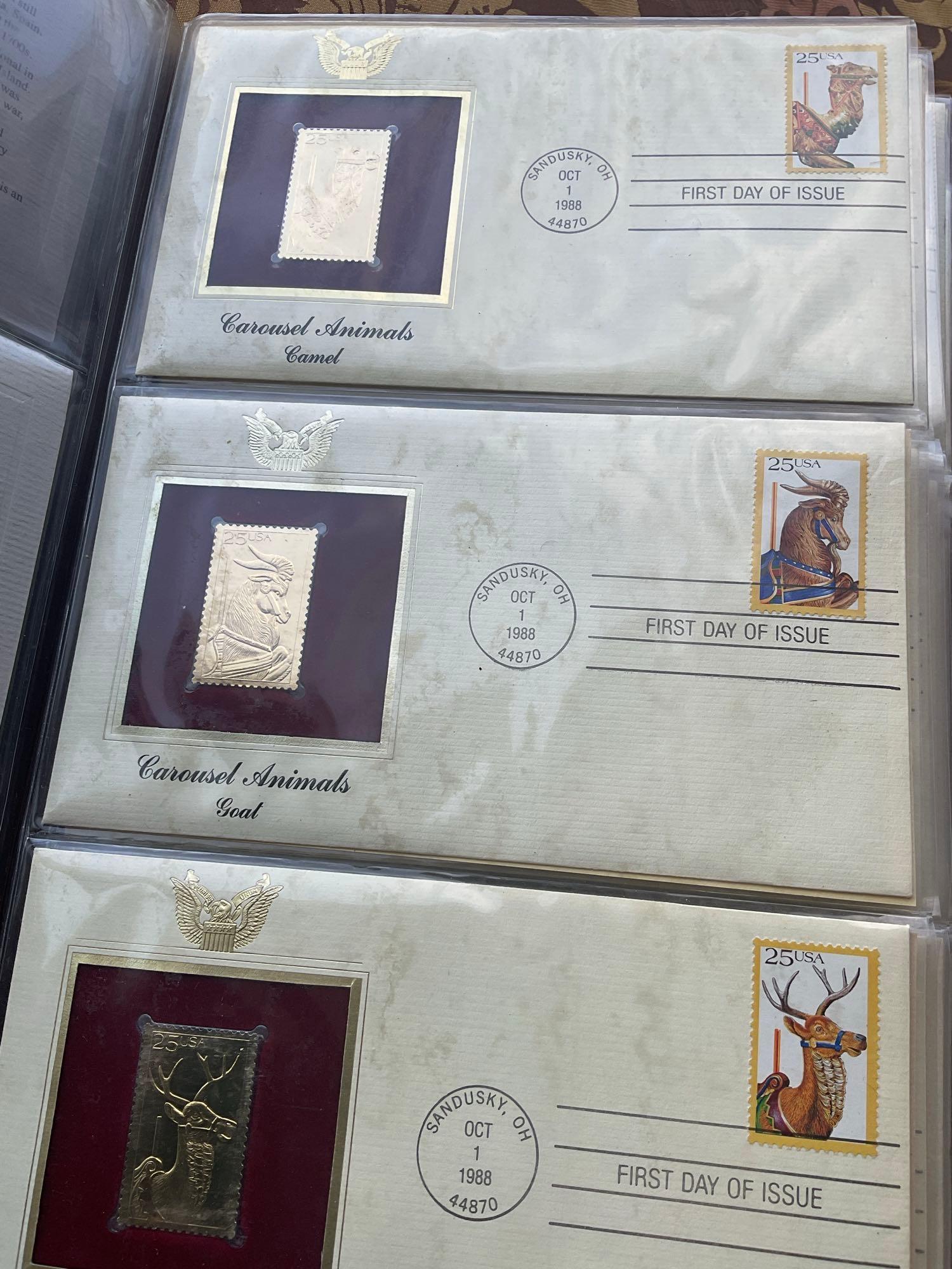 Golden Replica of Unites States stamps album with replicas on a gleaming surface 22kt gold & other