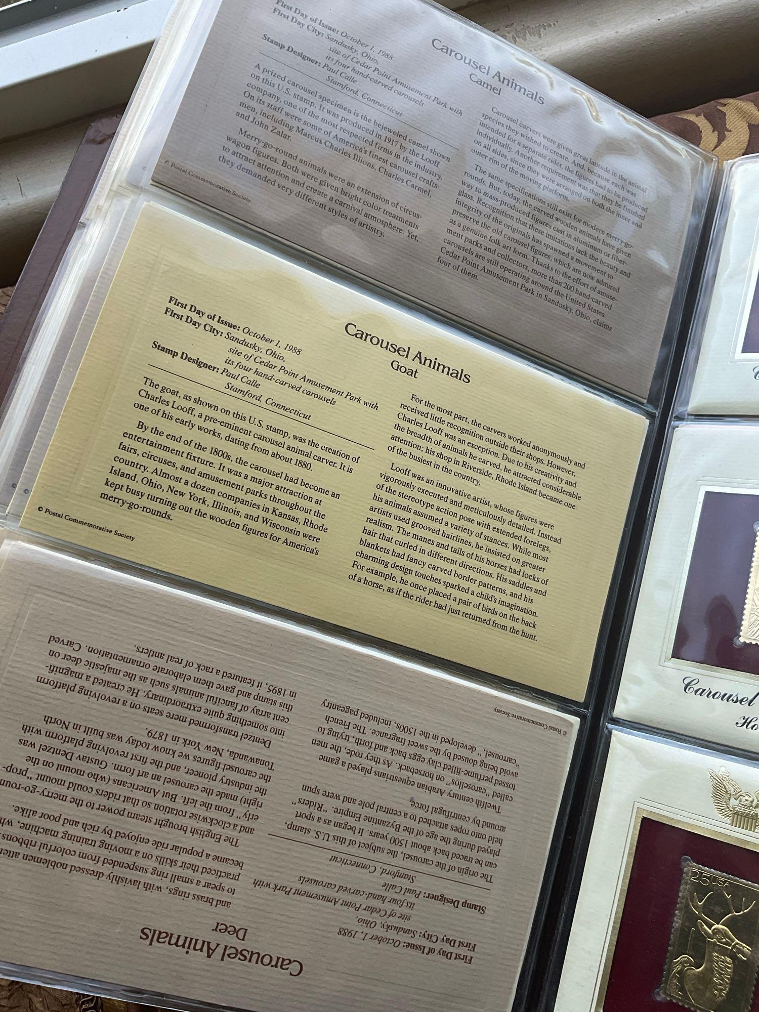 Golden Replica of Unites States stamps album with replicas on a gleaming surface 22kt gold & other