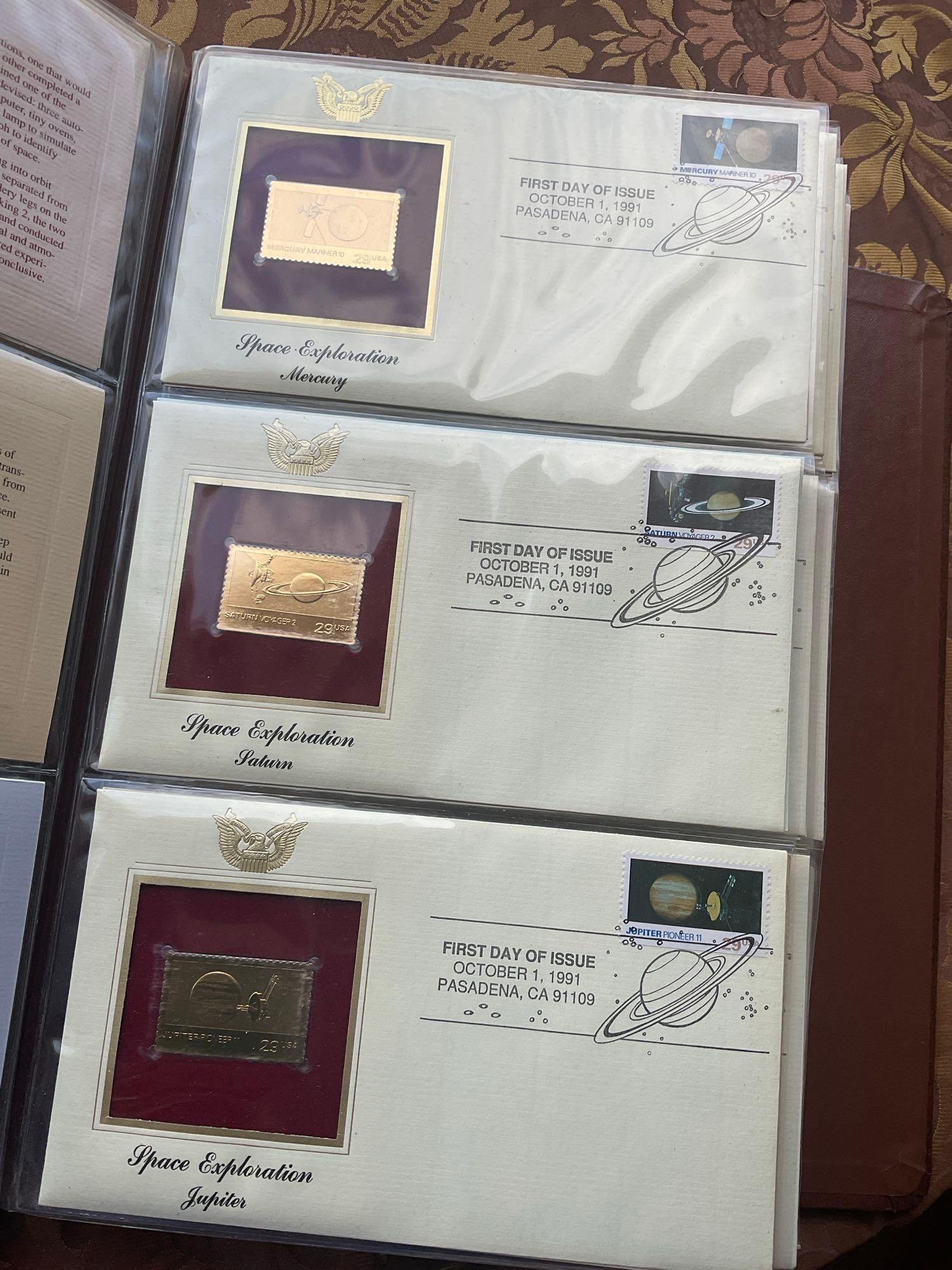 Golden Replica of Unites States stamps album with replicas on a gleaming surface 22kt gold & other