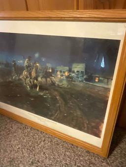 Framed wall art. "When Guns Speak Death Settles Disputes" Russell print. 21 1/2 W x 17 3/4" H