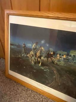 Framed wall art. "When Guns Speak Death Settles Disputes" Russell print. 21 1/2 W x 17 3/4" H