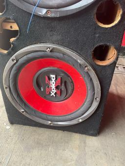 12" dual Sony Xplod subwoofer with JL Audio JX250/1 amplifier. Box 30" x 13" x 14"