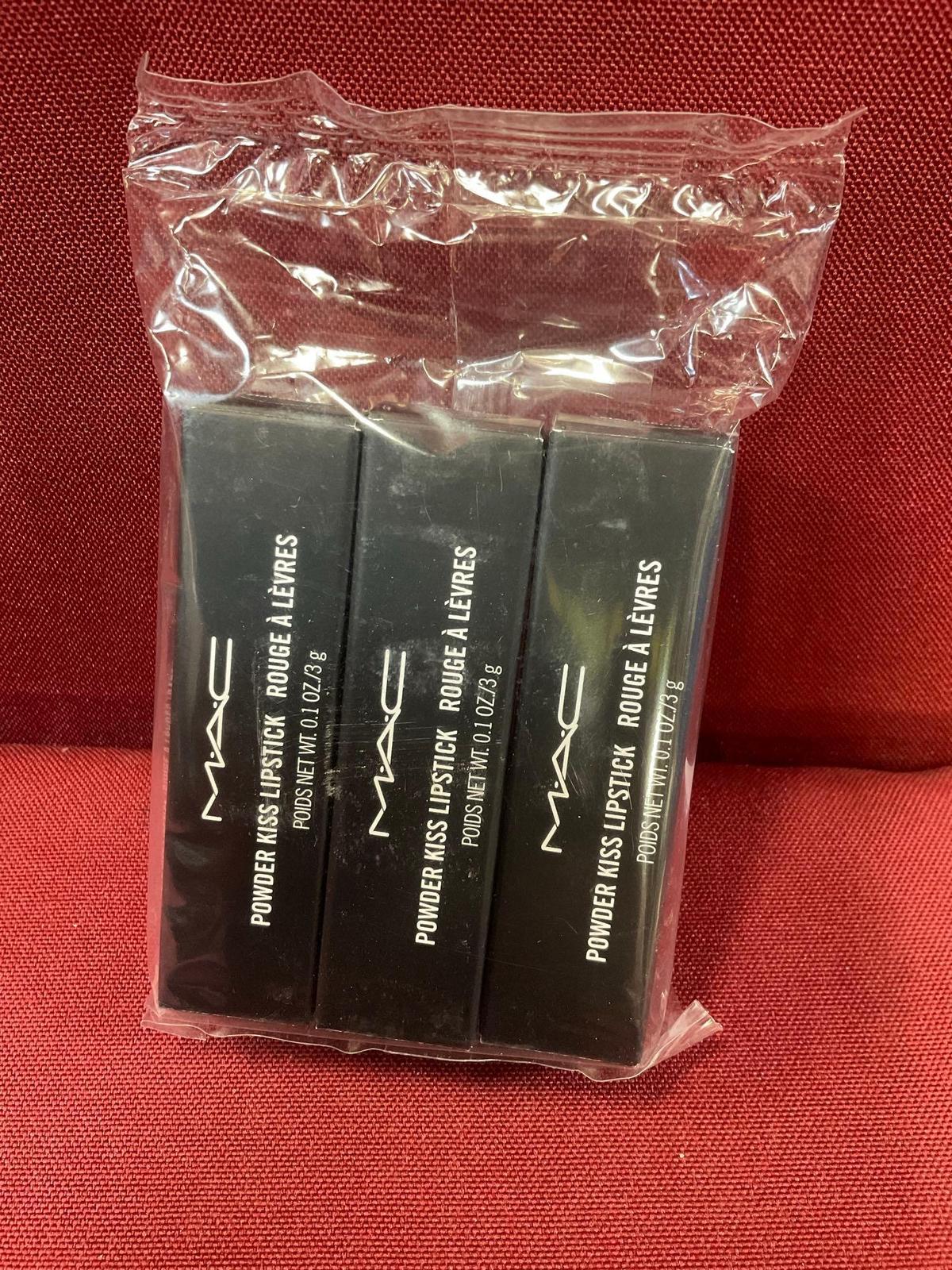 New MAC Powder Kiss lipstick, 923 Stay Curious. 3 lipsticks in package, unknown expiration