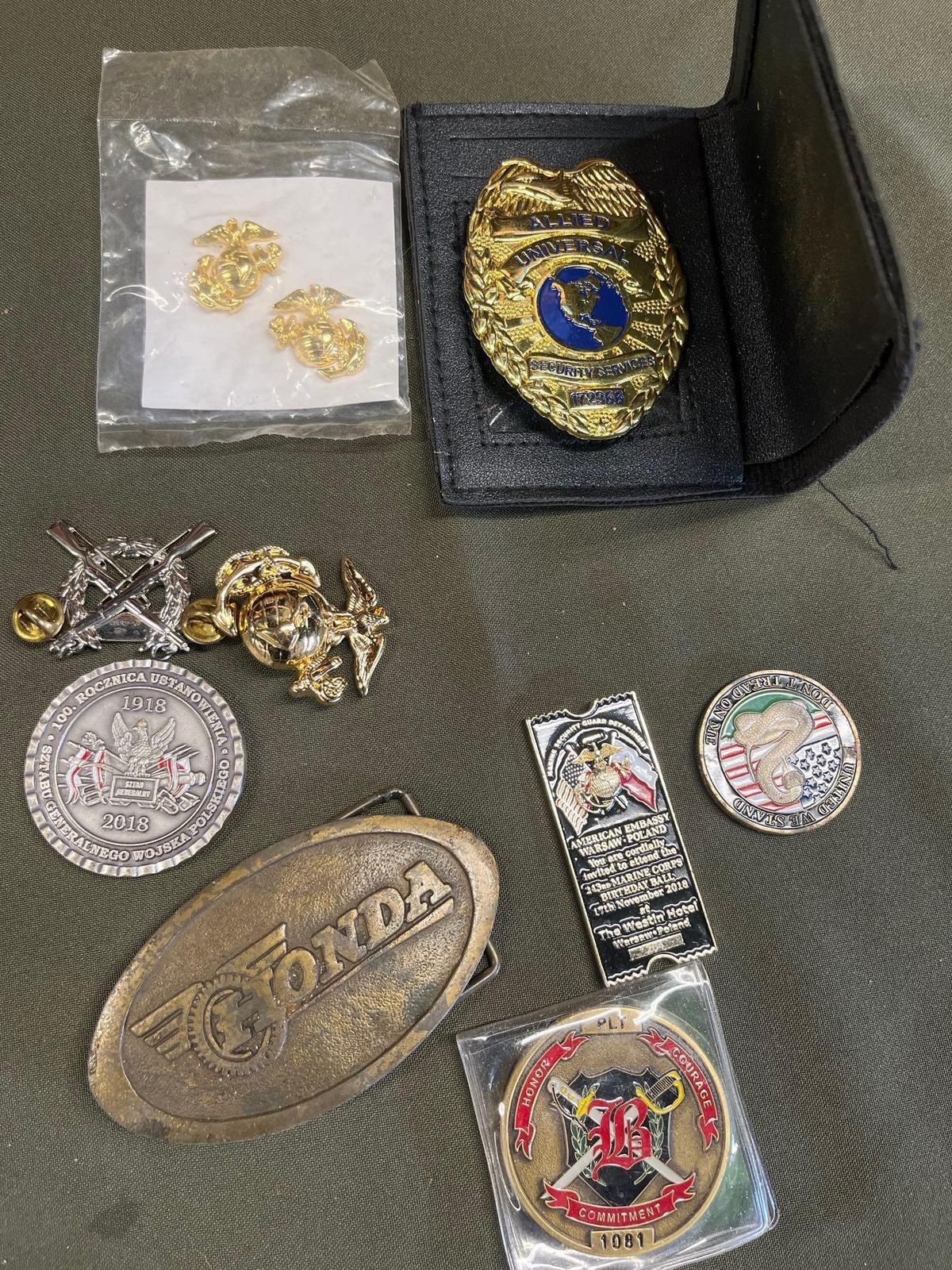 Honda belt buckle, pins, security badge, etc. 9 pieces