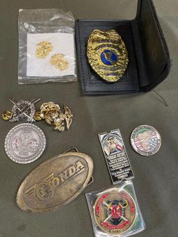 Honda belt buckle, pins, security badge, etc. 9 pieces