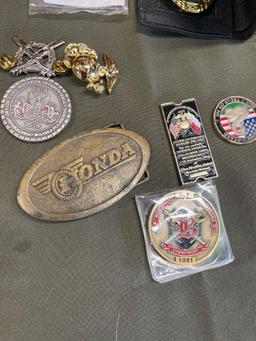 Honda belt buckle, pins, security badge, etc. 9 pieces
