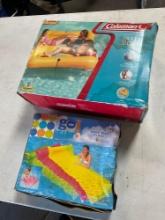 Coleman party dock & Go For Sun wave mat float, both box damaged by liquid