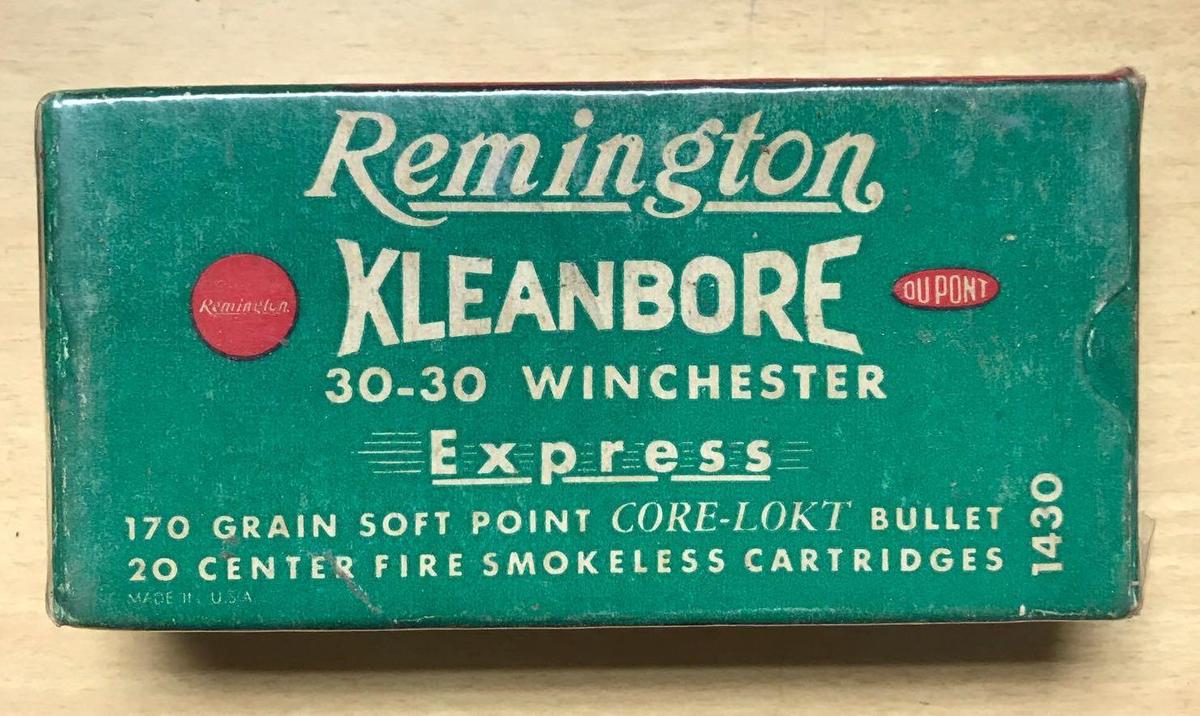 Full box of Remington kleanbore 30?30 Winchester express vintage ammunition