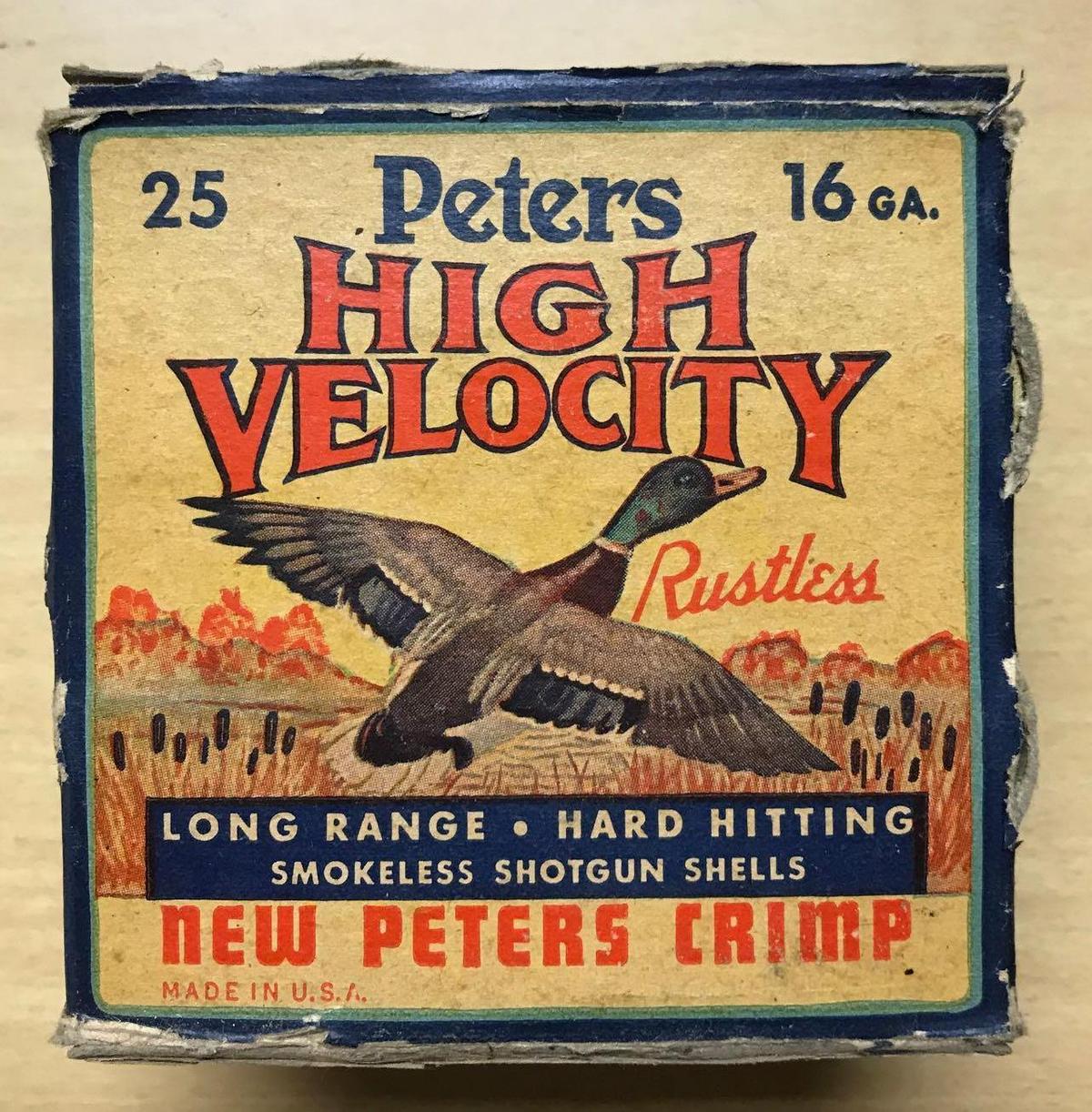 Full box of peters high velocity 16 gauge vintage shotgun shells