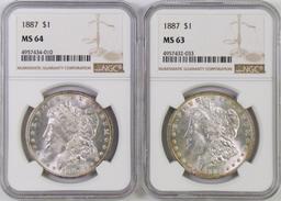 Lot of (2) 1887 P Morgan Silver Dollars (NGC) MS63 & MS64.